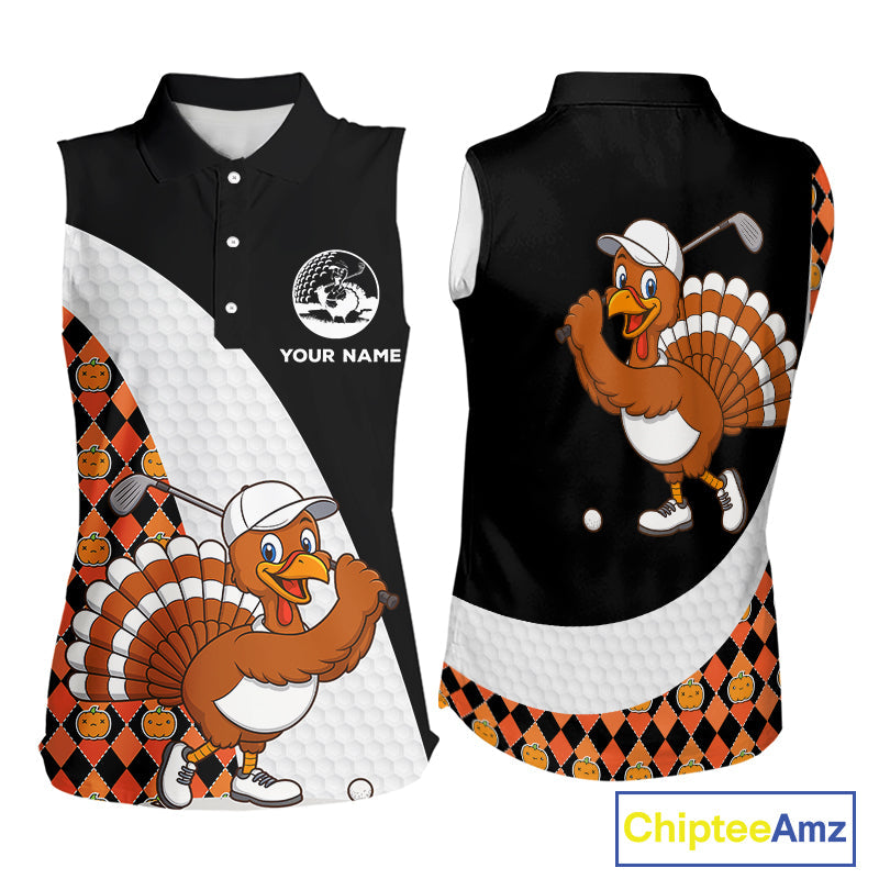 Golf Turkey Thanksgiving Sleeveless Polo Shirt Orange Pumpkin argyle pattern Custom Golf outfit