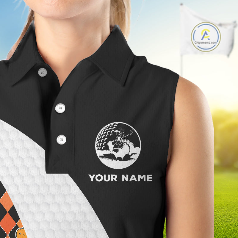 Golf Turkey Thanksgiving Sleeveless Polo Shirt Orange Pumpkin argyle pattern Custom Golf outfit