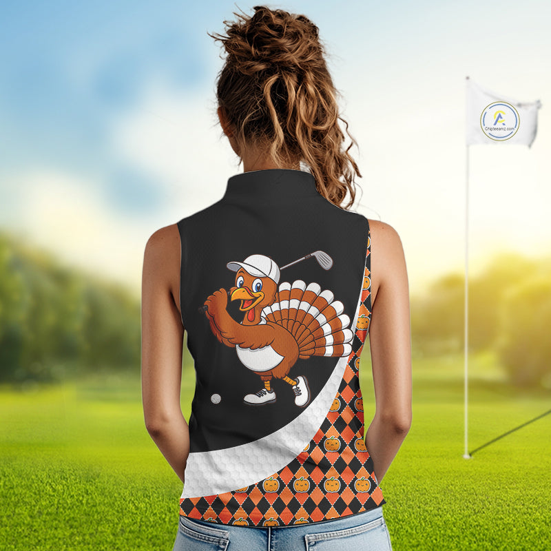 Golf Turkey Thanksgiving Sleeveless Polo Shirt Orange Pumpkin argyle pattern Custom Golf outfit