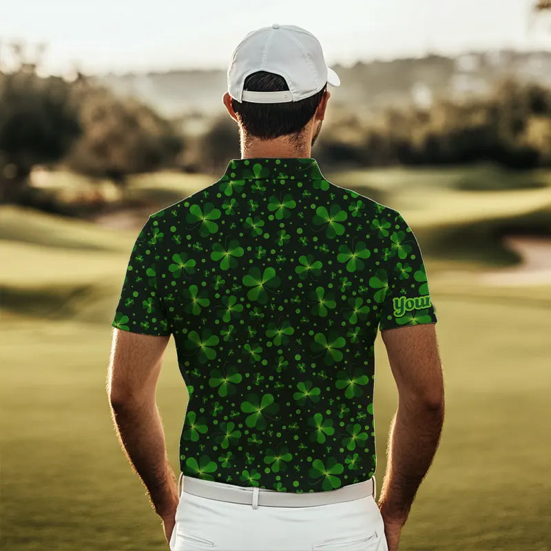 Black and Green shamrock pattern Lucky polo golf shirts Custom St Patrick Day team golf apparel