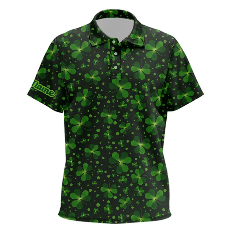 Black and Green shamrock pattern Lucky polo golf shirts Custom St Patrick Day team golf apparel