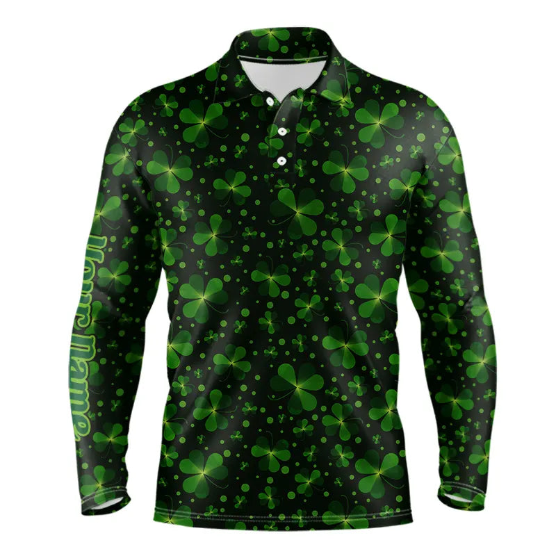 Black and Green shamrock pattern Lucky polo golf shirts Custom St Patrick Day team golf apparel
