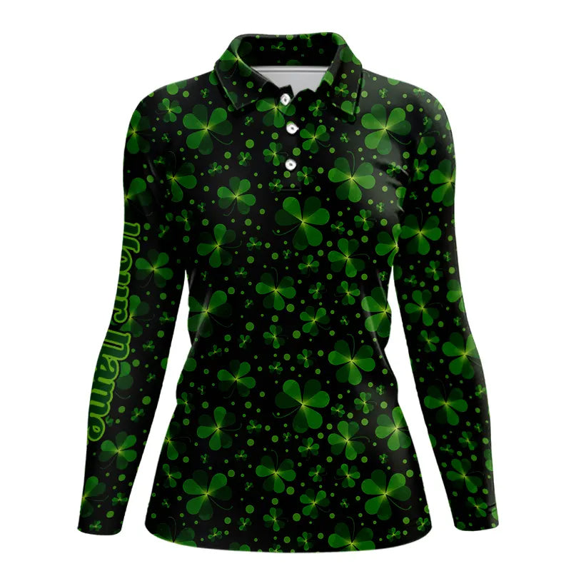 Black and Green shamrock pattern Lucky polo golf shirts Custom St Patrick Day team golf apparel
