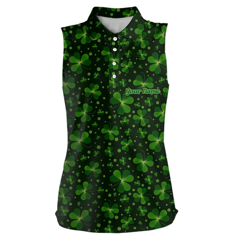Black and Green shamrock pattern Lucky sleeveless polo shirt Custom St Patrick Day golf apparel