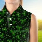 Black and Green shamrock pattern Lucky sleeveless polo shirt Custom St Patrick Day golf apparel