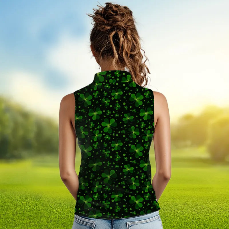 Black and Green shamrock pattern Lucky sleeveless polo shirt Custom St Patrick Day golf apparel