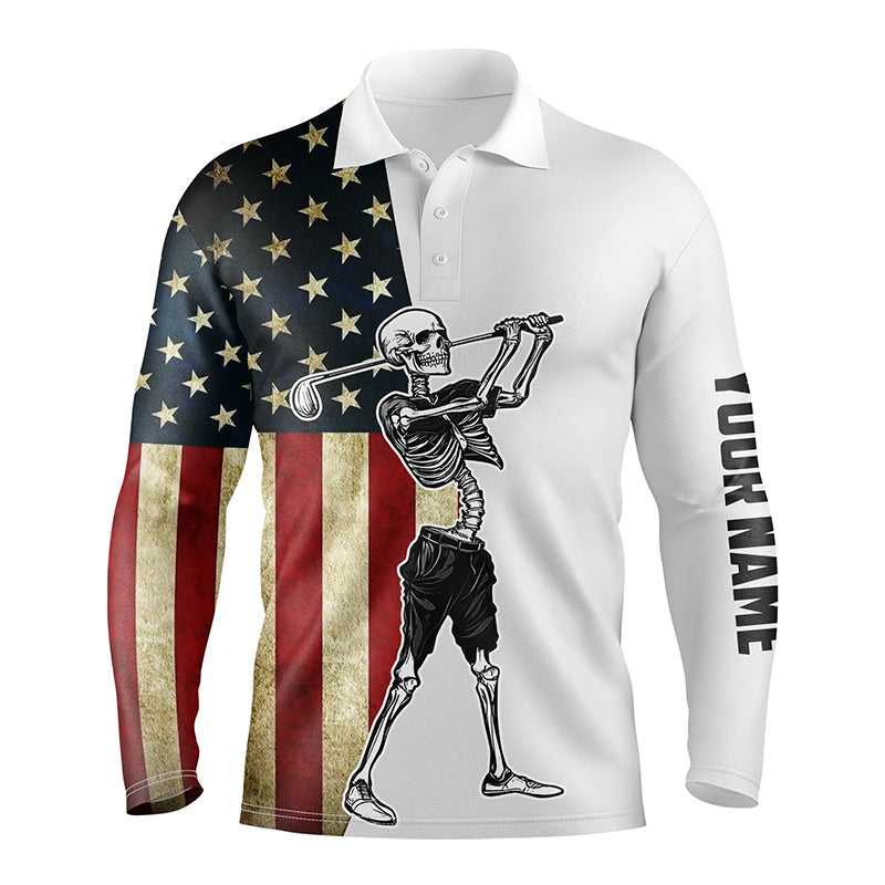 Funny Skull Golf polo shirts patriotic American flag custom name Skull playing golf apparel