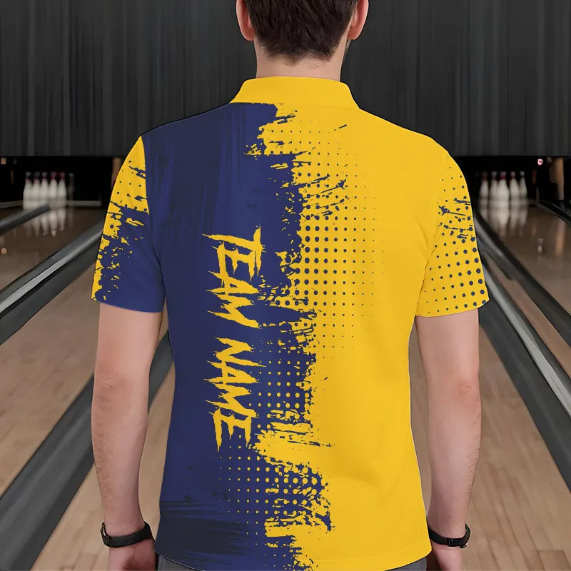 Blue and Yellow Bowling Polo, Quarter Zip shirts Custom Bowling Team Jerseys