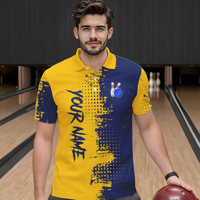 Blue and Yellow Bowling Polo, Quarter Zip shirts Custom Bowling Team Jerseys