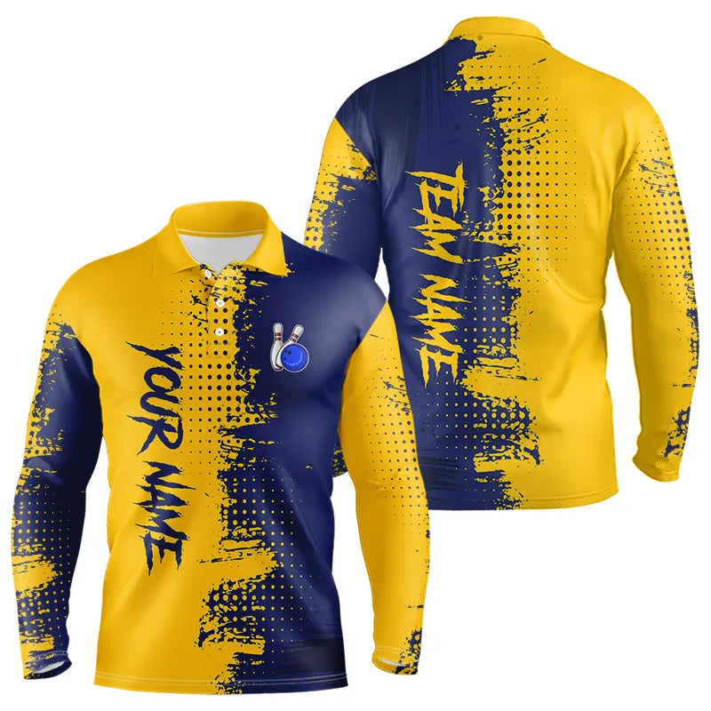 Blue and Yellow Bowling Polo, Quarter Zip shirts Custom Bowling Team Jerseys