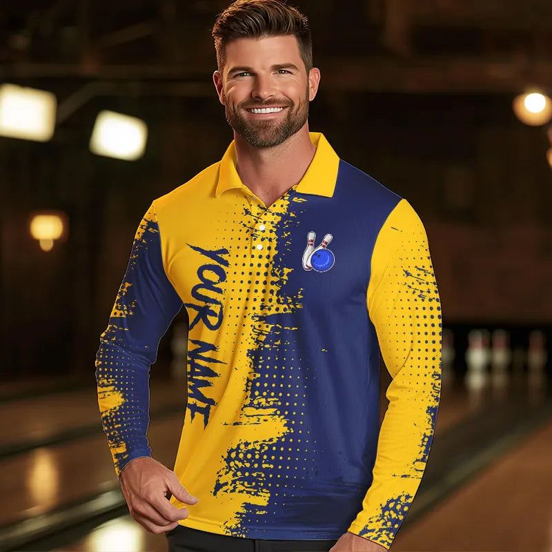 Blue and Yellow Bowling Polo, Quarter Zip shirts Custom Bowling Team Jerseys