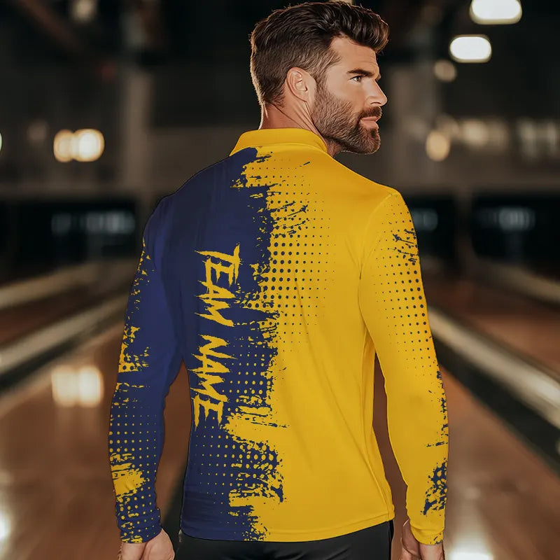 Blue and Yellow Bowling Polo, Quarter Zip shirts Custom Bowling Team Jerseys