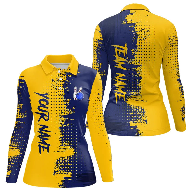 Blue and Yellow Bowling Polo, Quarter Zip shirts Custom Bowling Team Jerseys