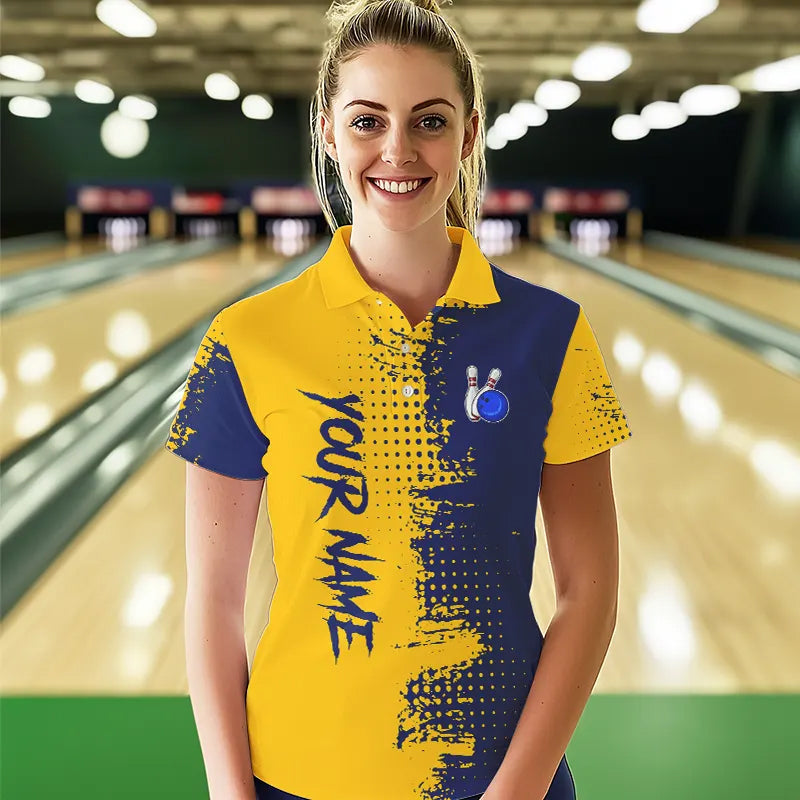 Blue and Yellow Bowling Polo, Quarter Zip shirts Custom Bowling Team Jerseys