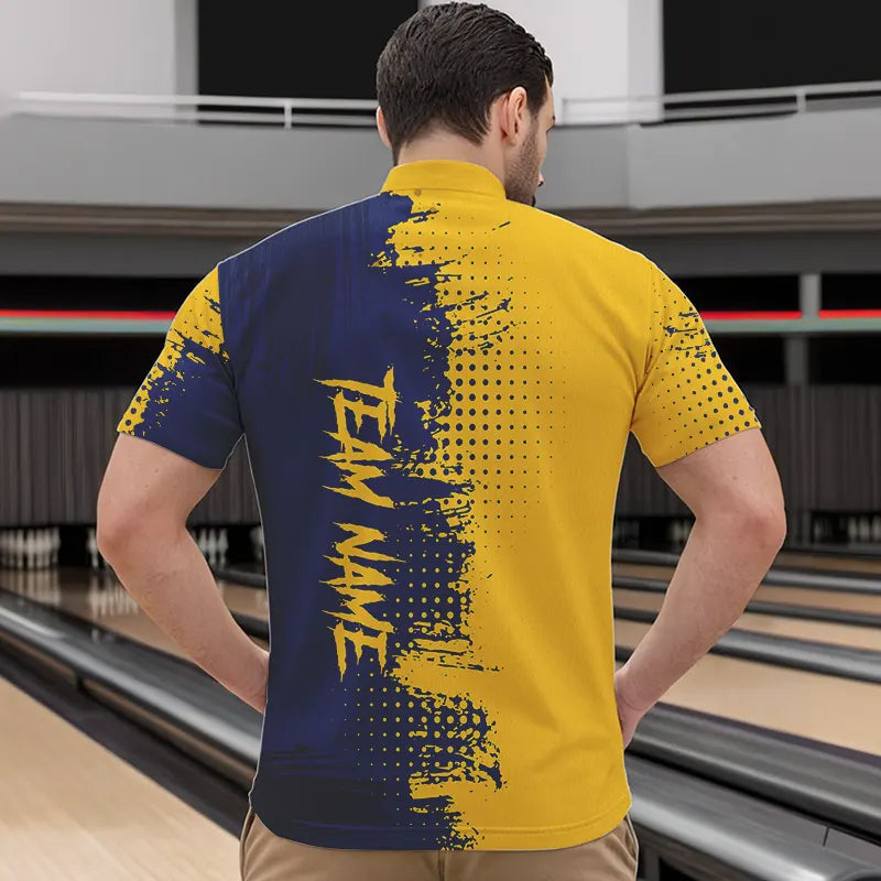 Blue and Yellow Bowling Polo, Quarter Zip shirts Custom Bowling Team Jerseys