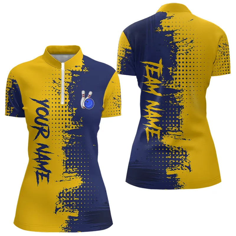 Blue and Yellow Bowling Polo, Quarter Zip shirts Custom Bowling Team Jerseys