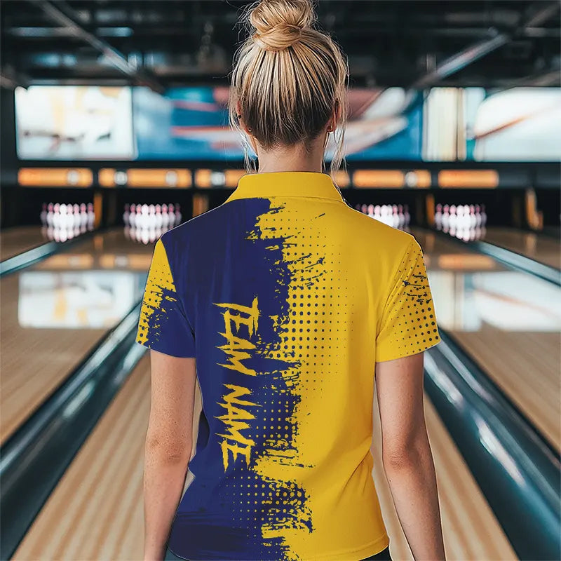Blue and Yellow Bowling Polo, Quarter Zip shirts Custom Bowling Team Jerseys