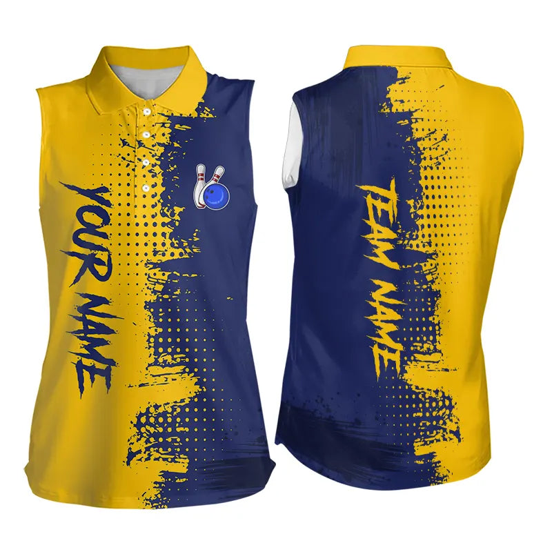 Blue and Yellow Bowling Sleeveless Polo shirt Custom Bowling Team Jerseys