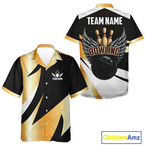 Black and Gold Bowling ball wings Bowling Button up shirt Custom Hawaiian Bowling Team jersey