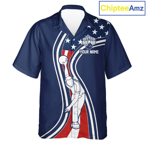 Retro bowling Hawaiian shirt Custom American flag patriotic team bowling button-up jersey