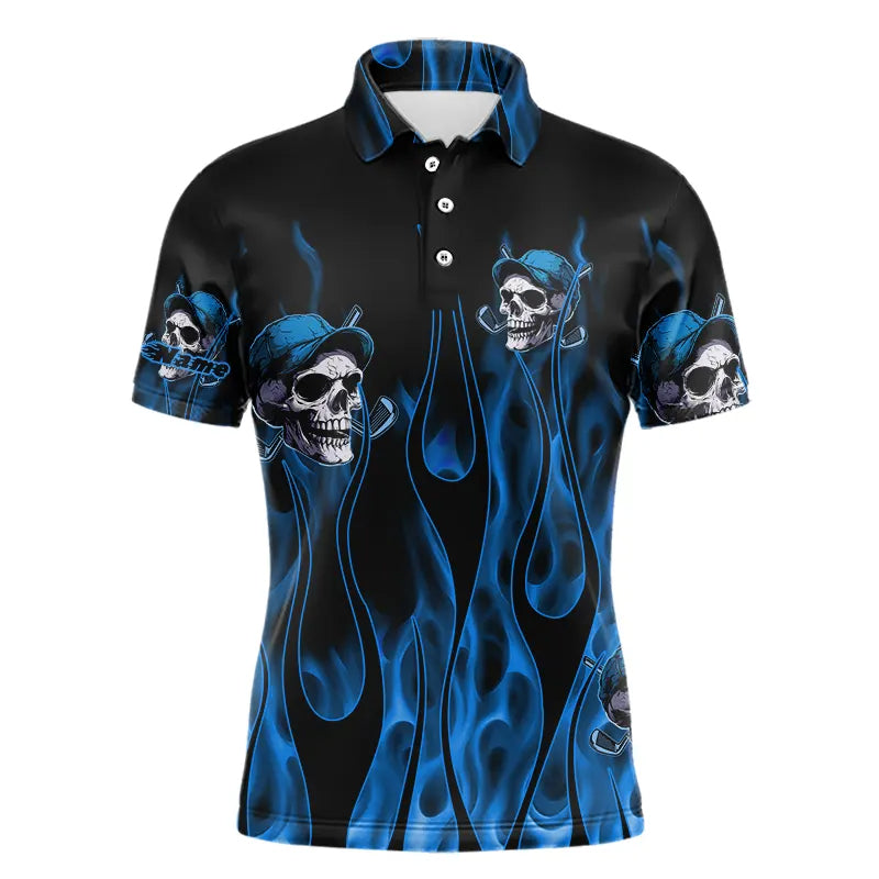 Blue Flame Skull golf polo shirts custom skull fire golf apparel