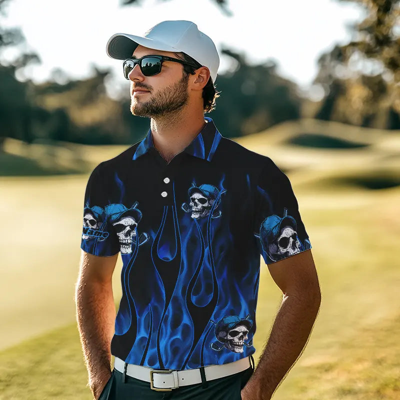 Blue Flame Skull golf polo shirts custom skull fire golf apparel