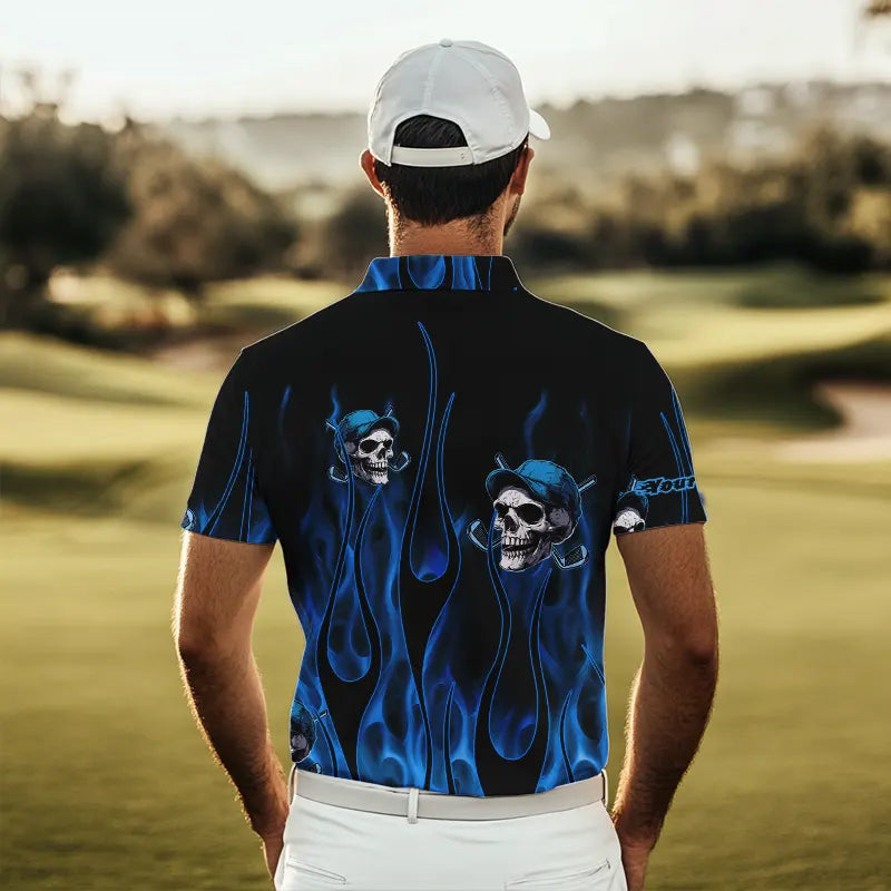 Blue Flame Skull golf polo shirts custom skull fire golf apparel