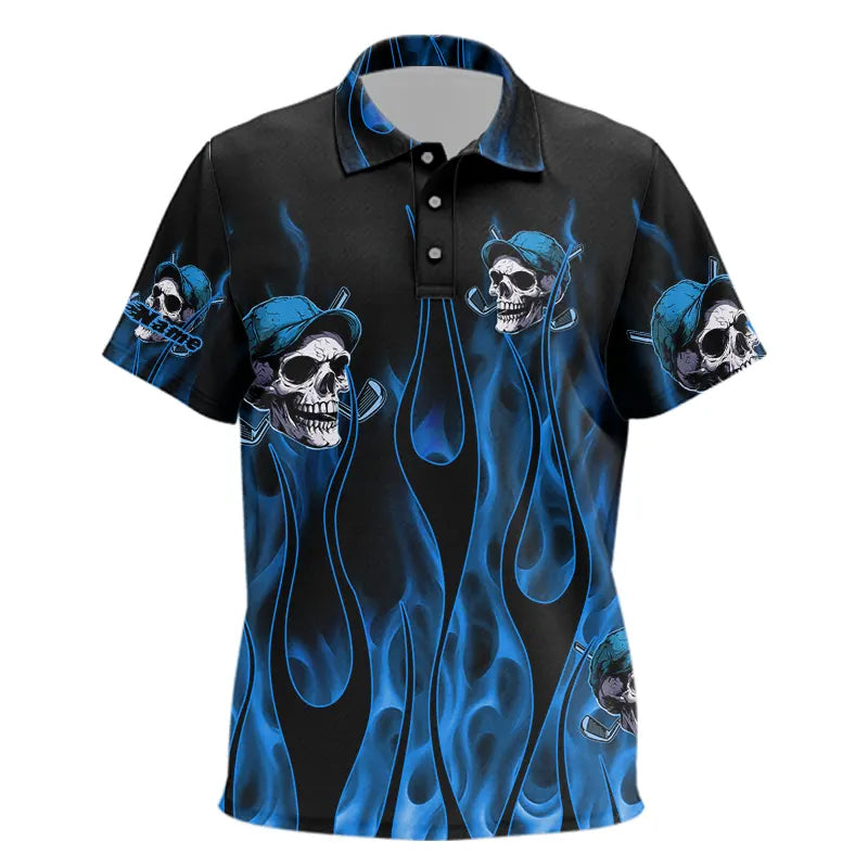 Blue Flame Skull Golf Polo Shirt custom skull fire golf apparel