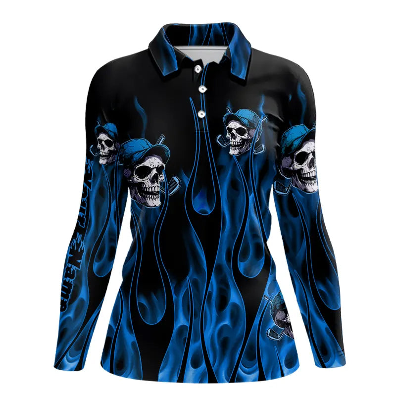 Blue Flame Skull golf polo shirts custom skull fire golf apparel