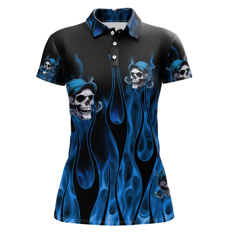 Blue Flame Skull golf polo shirts custom skull fire golf apparel