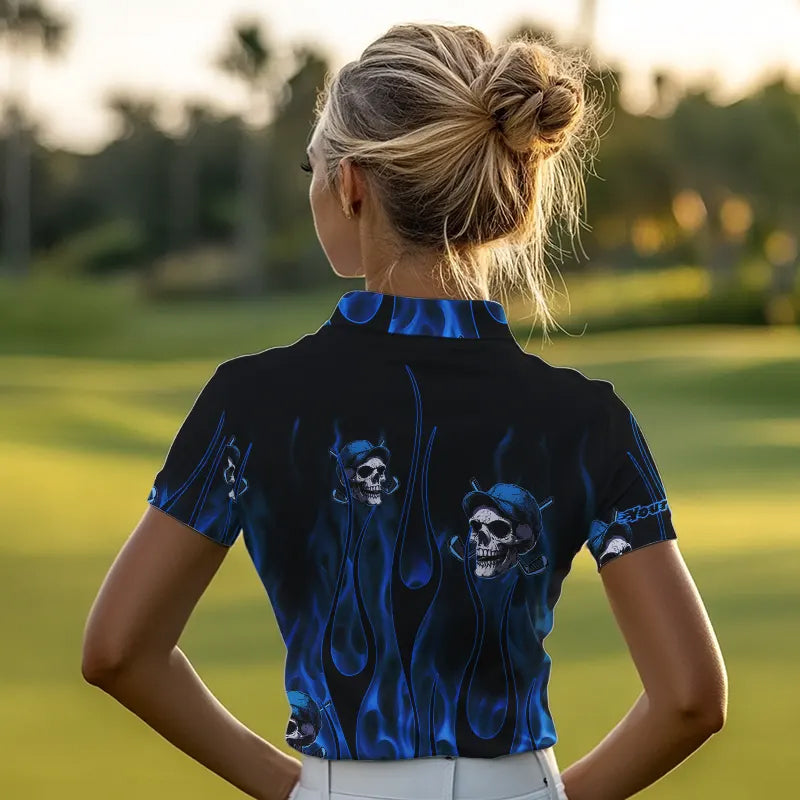 Blue Flame Skull golf polo shirts custom skull fire golf apparel