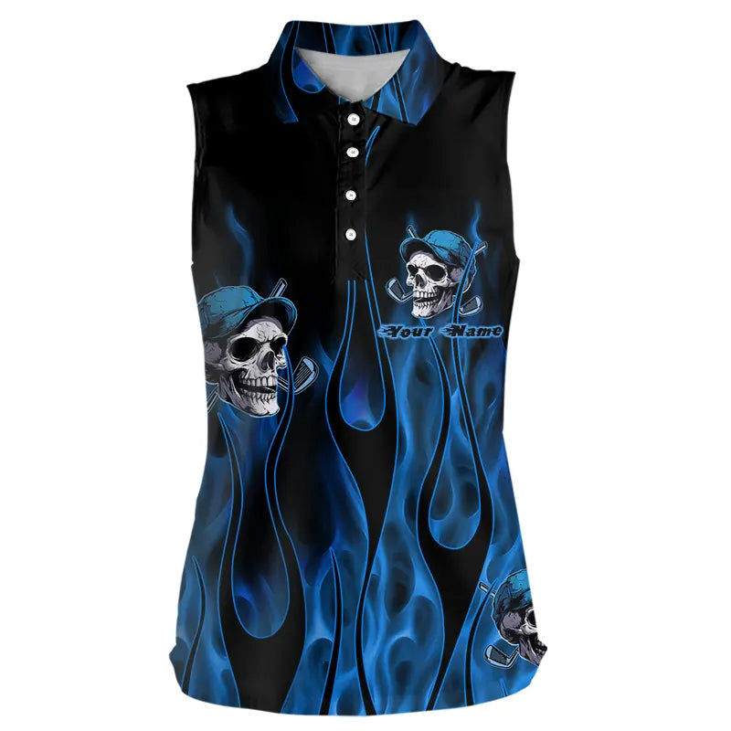 Blue Flame Skull sleeveless polo shirt custom skull fire golf apparel