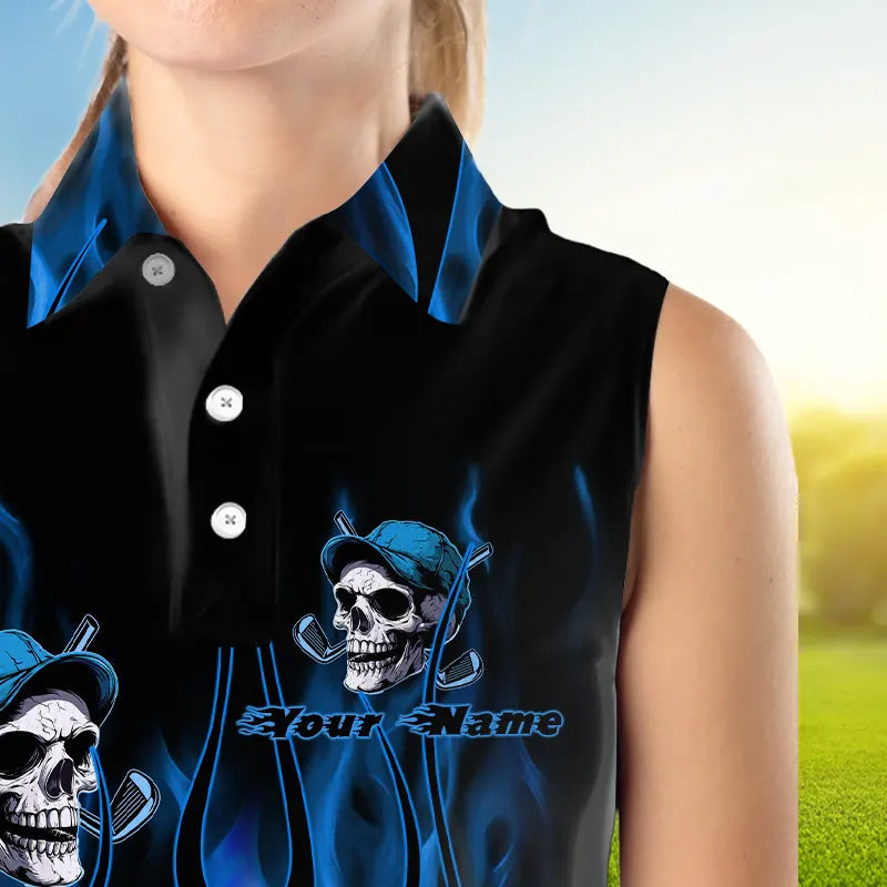 Blue Flame Skull sleeveless polo shirt custom skull fire golf apparel