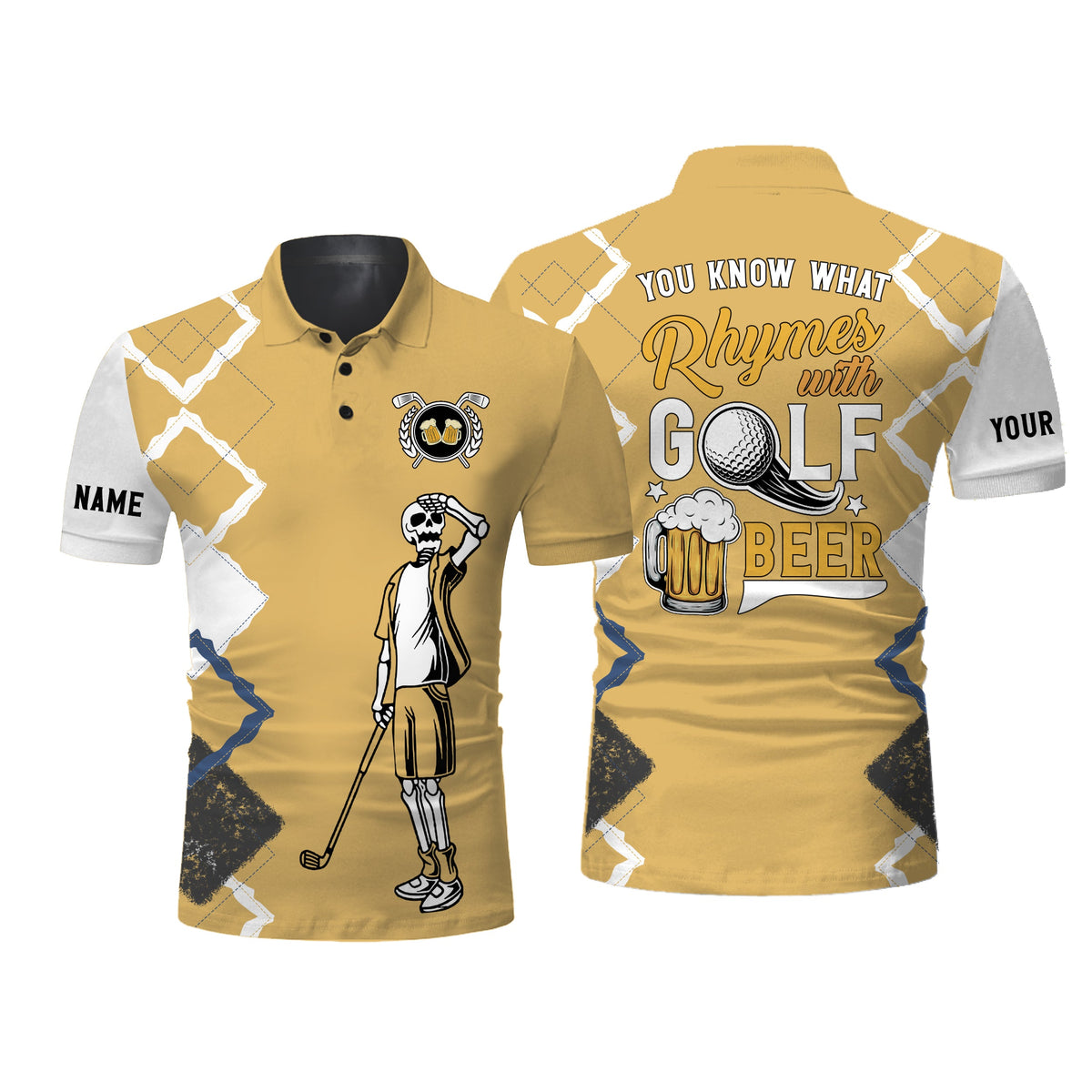 Funny golf skull polo shirts you know what rhymes with golf beer custom name golf performance shirts