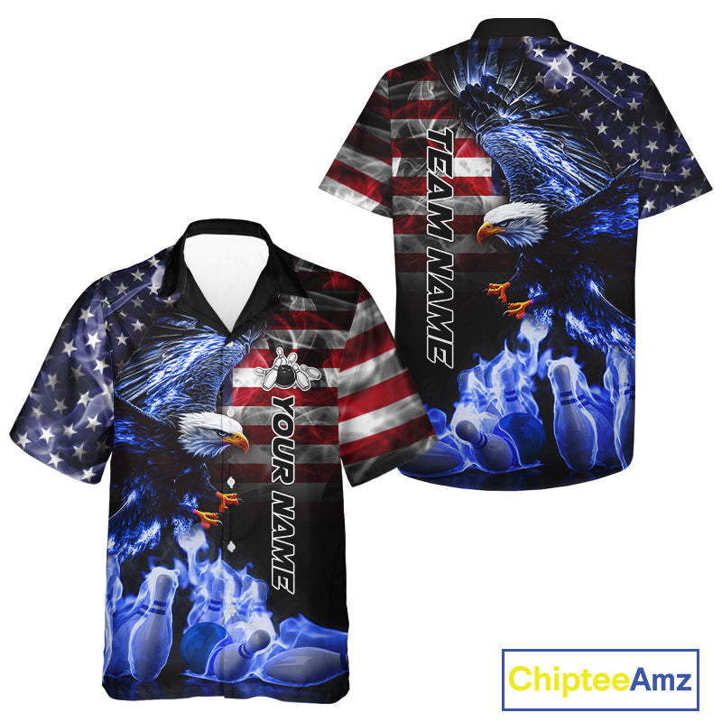 Smoke American Flag Eagle Blue Flame Bowling Hawaiian Shirt Custom patriotic Team Bowling Shirt