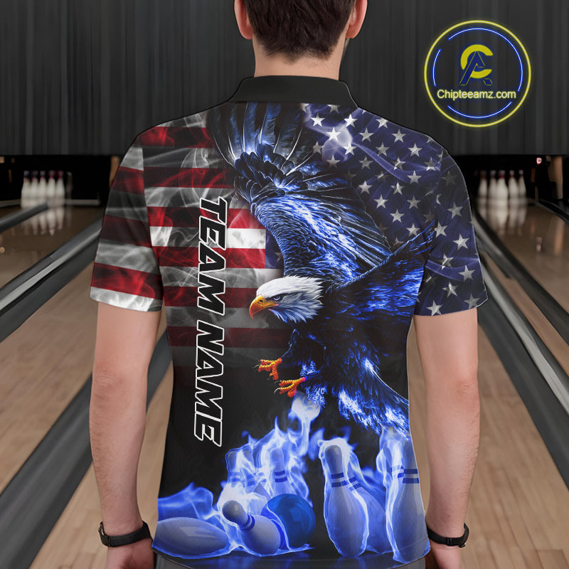 Smoke American Flag Eagle Blue Flame Bowling Shirts Custom patriotic Team Bowling jerseys