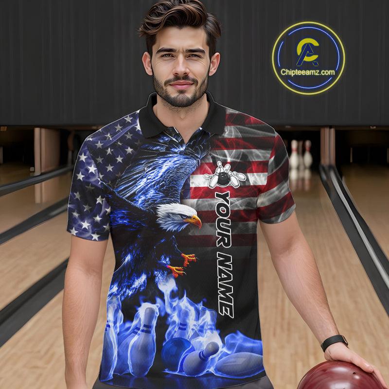 Smoke American Flag Eagle Blue Flame Bowling Shirts Custom patriotic Team Bowling jerseys