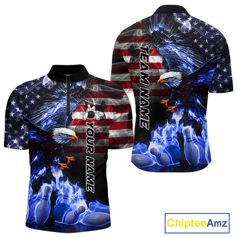Smoke American Flag Eagle Blue Flame Bowling Shirts Custom patriotic Team Bowling jerseys