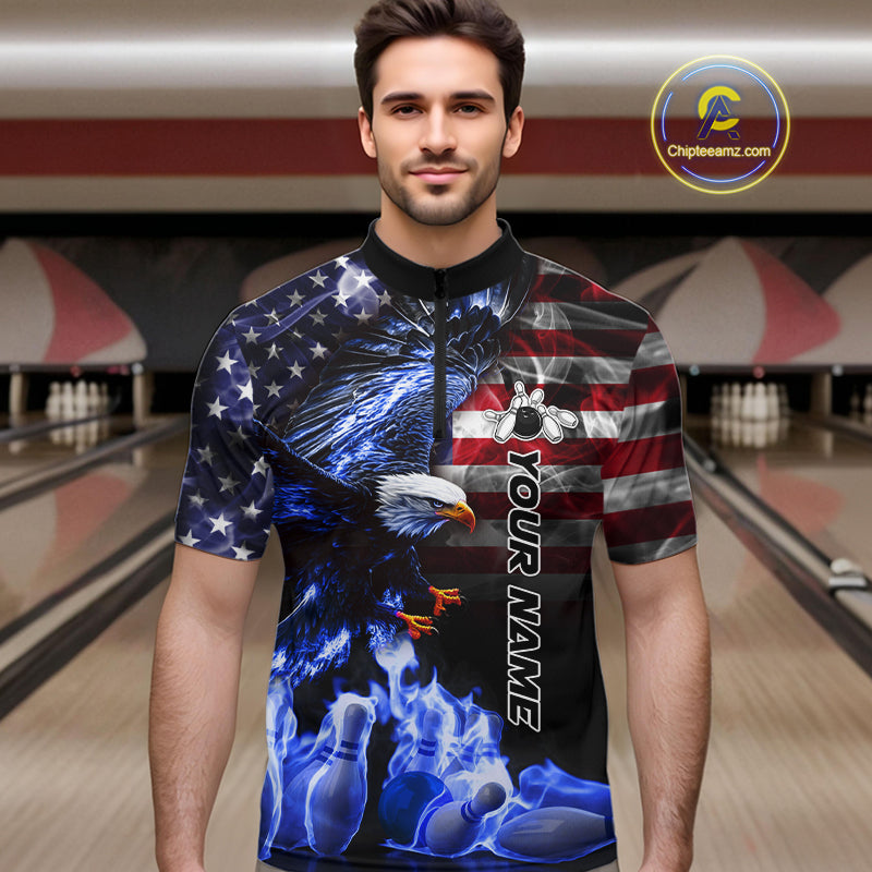 Smoke American Flag Eagle Blue Flame Bowling Shirts Custom patriotic Team Bowling jerseys