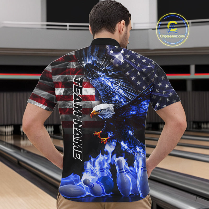 Smoke American Flag Eagle Blue Flame Bowling Shirts Custom patriotic Team Bowling jerseys