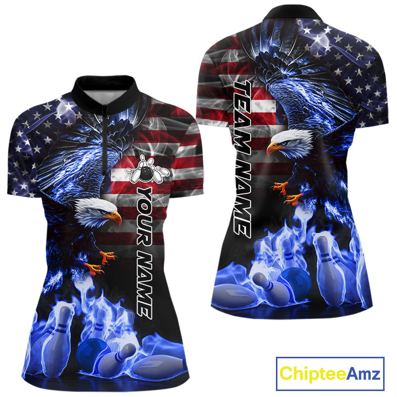 Smoke American Flag Eagle Blue Flame Bowling Shirts Custom patriotic Team Bowling jerseys