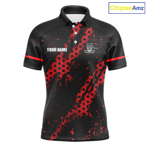 Black and Red Hexagon Pattern Disc Golf Polos, T-Shirt, Hoodies custom Team disc golf jerseys
