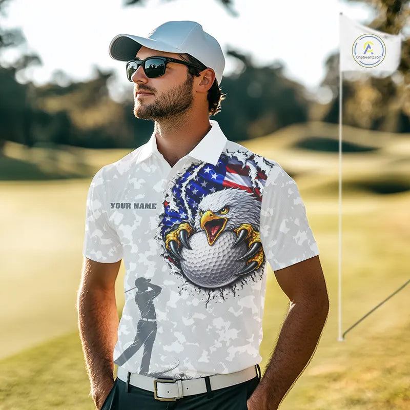 Personalized American Flag Skull Eagle Camo Golf Polo Shirts, Patriotic Golf Outfits
