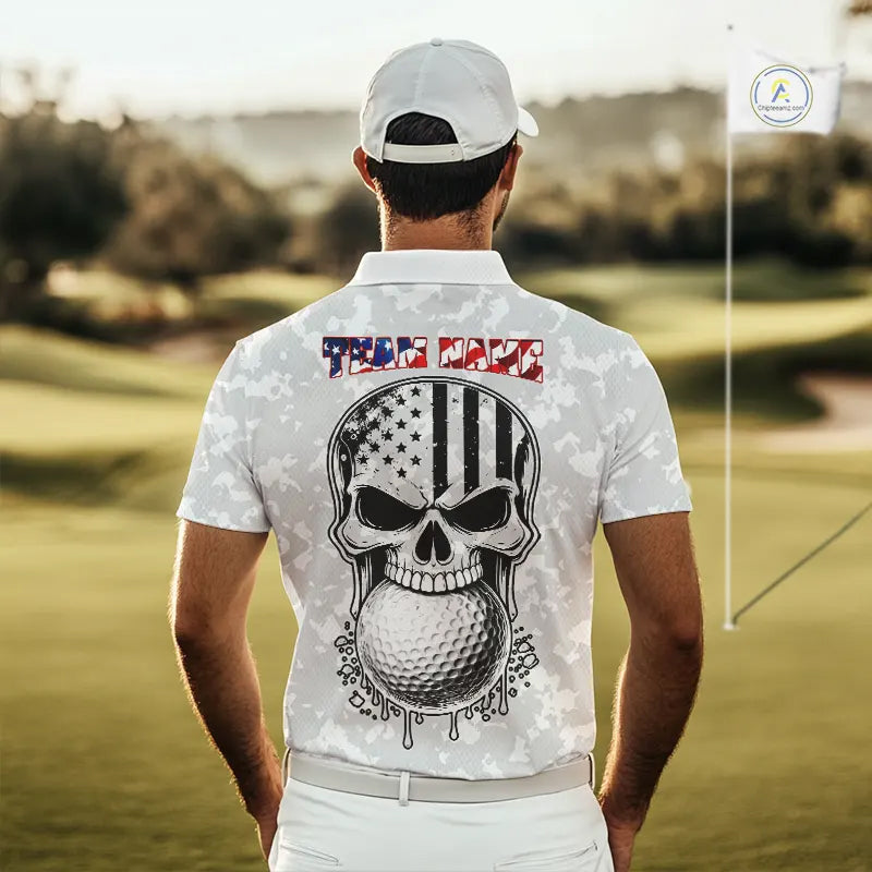 Personalized American Flag Skull Eagle Camo Golf Polo Shirts, Patriotic Golf Outfits
