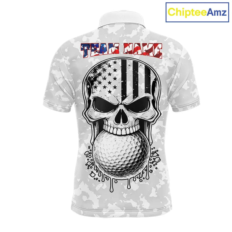 Personalized American Flag Skull Eagle Camo Golf Polo Shirts, Patriotic Golf Outfits