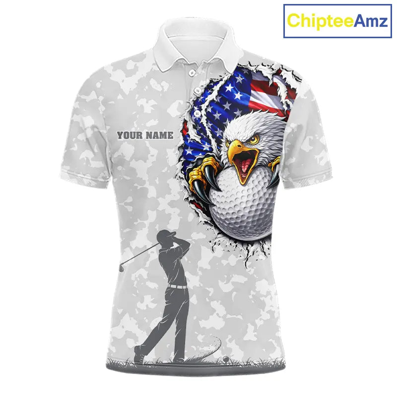 Personalized American Flag Skull Eagle Camo Golf Polo Shirts, Patriotic Golf Outfits