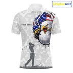 Personalized American Flag Skull Eagle Camo Golf Polo Shirts, Patriotic Golf Outfits