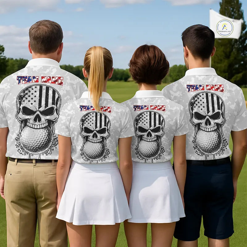 Personalized American Flag Skull Eagle Camo Golf Polo Shirts, Patriotic Golf Outfits