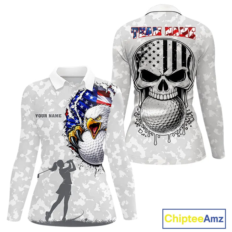 Personalized American Flag Skull Eagle Camo Golf Polo Shirts, Patriotic Golf Outfits