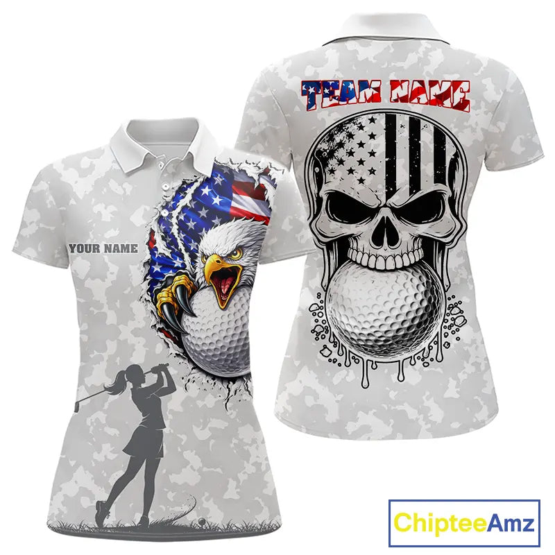Personalized American Flag Skull Eagle Camo Golf Polo Shirts, Patriotic Golf Outfits